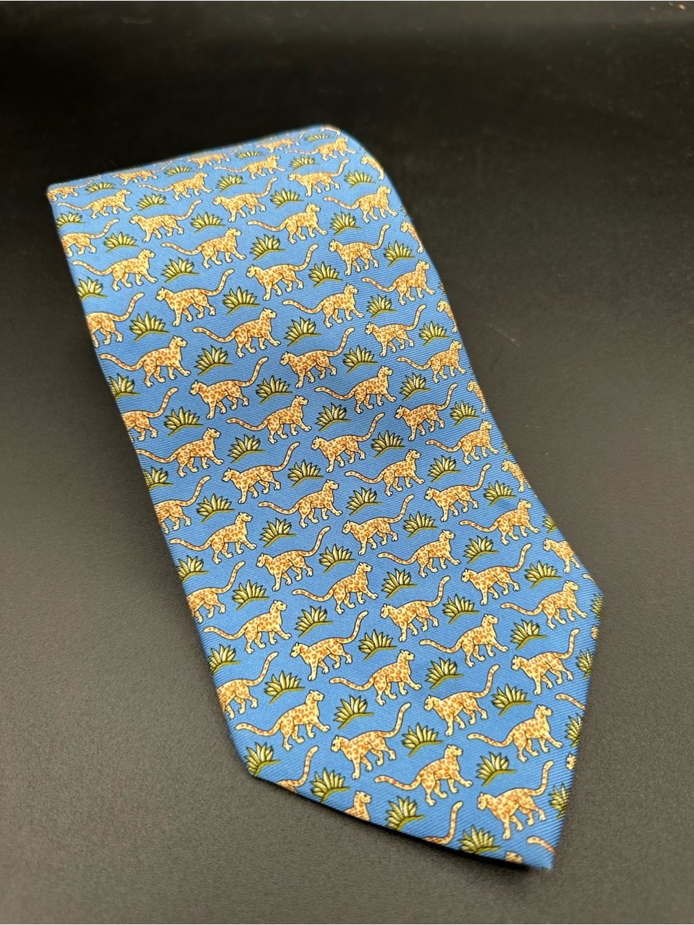 Brooks Brothers Makers Silk Tie Leopard Cheetah Blue Novelty Print USA Made